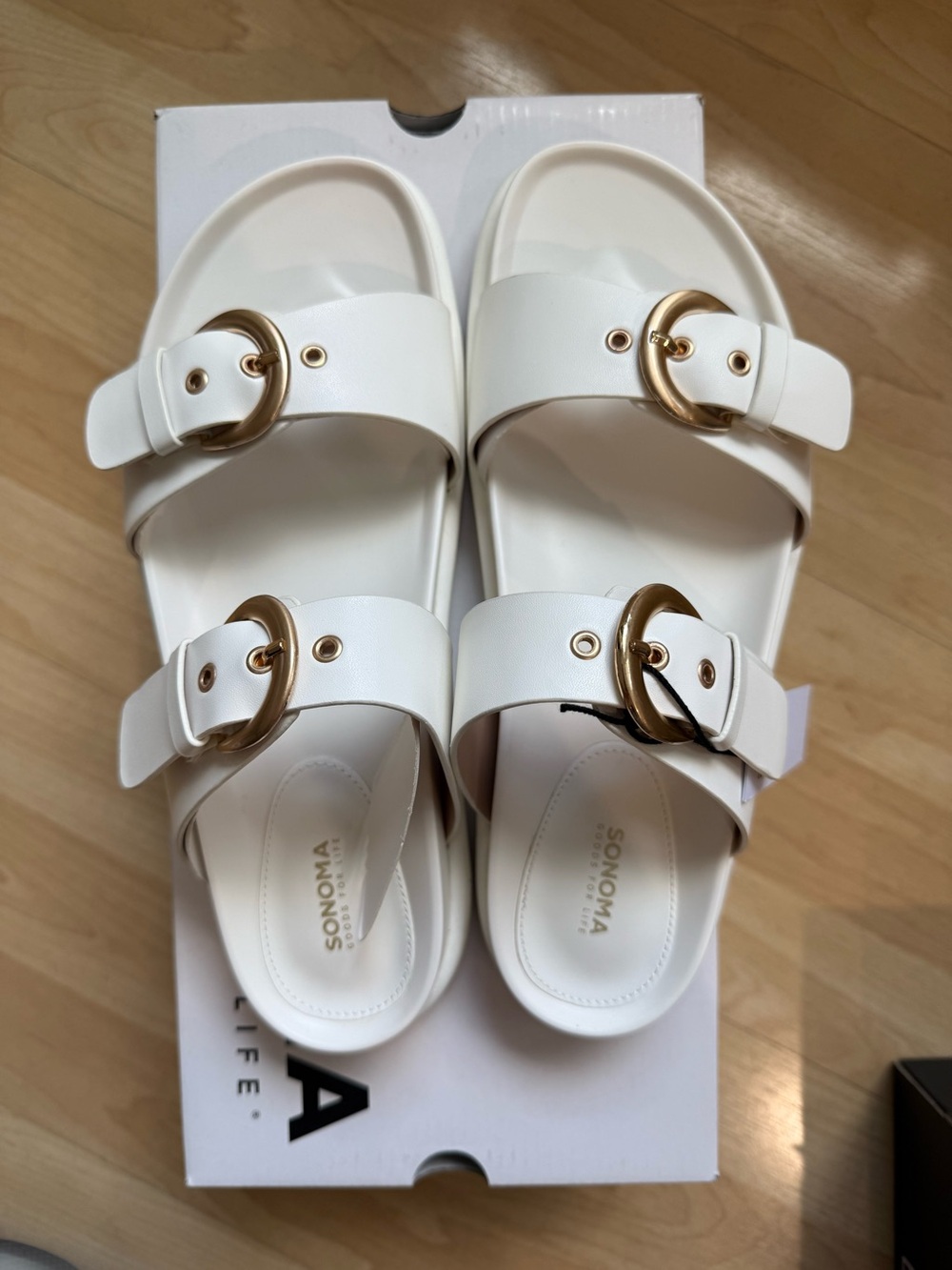 Sonoma White Sandals with Gold Buckles